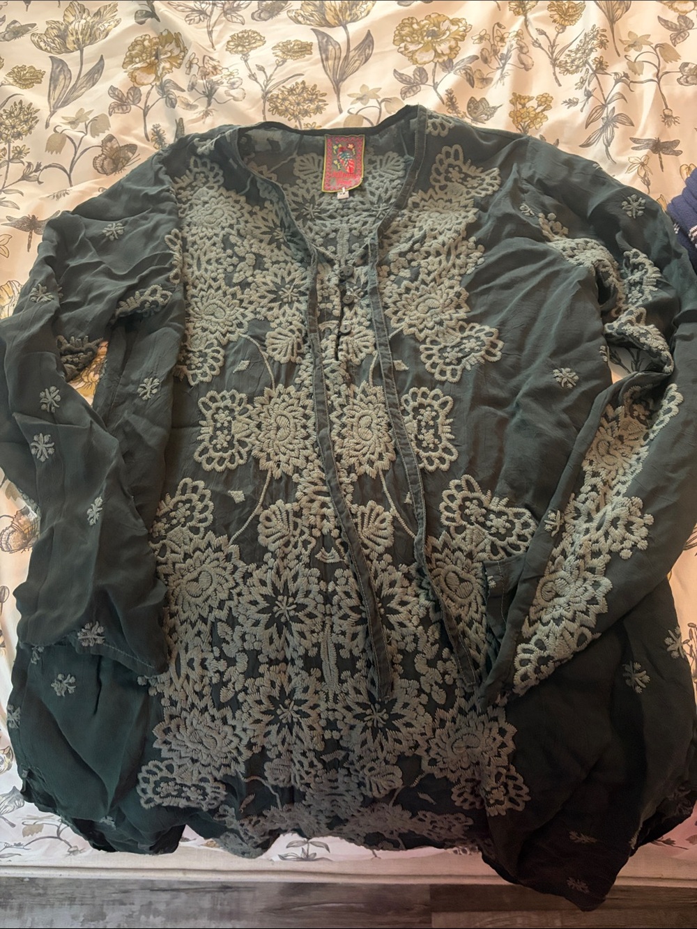 Johnny was Embroidered Floral Peasant Blouse - Dark Green